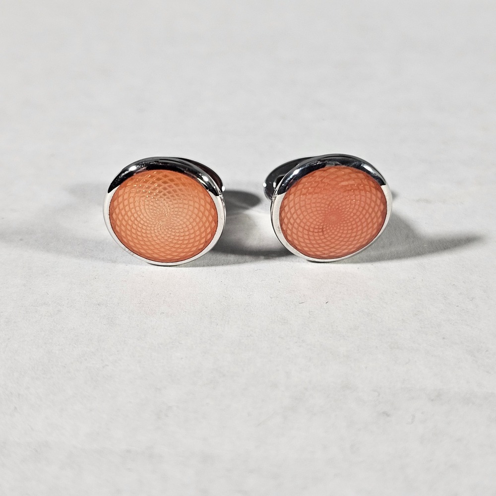 Jan Leslie‎ Cufflinks Mens OS Orange Sterling Silver 925 Guilloche Enamel Round